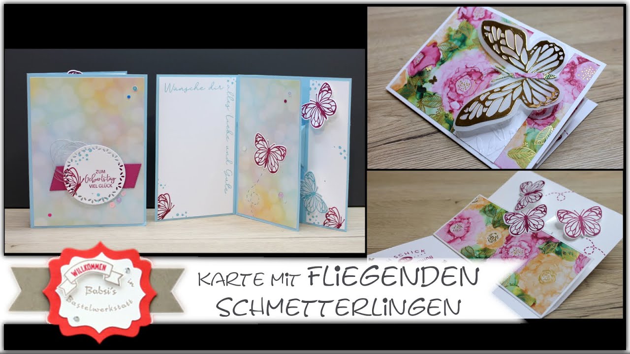 Karte mit fliegenden Schmetterlingen - Besondere Kartenform - Inside Pop Out Fun fold Card - Pop Up