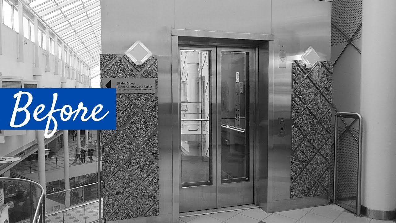 Before & after: Beautiful 1992 KONE M (mod. 2019) tr. scenic elevator @ Plaza SC, Salo FIN