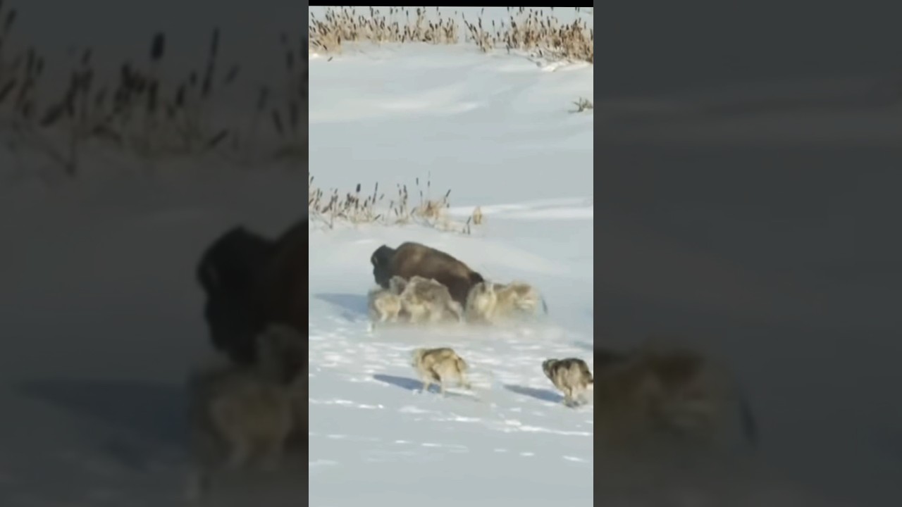Wolf Pack take on a Herd of Bison and Selectively Isolate Prey #wolf #bison #shorts #fyp #ytshorts