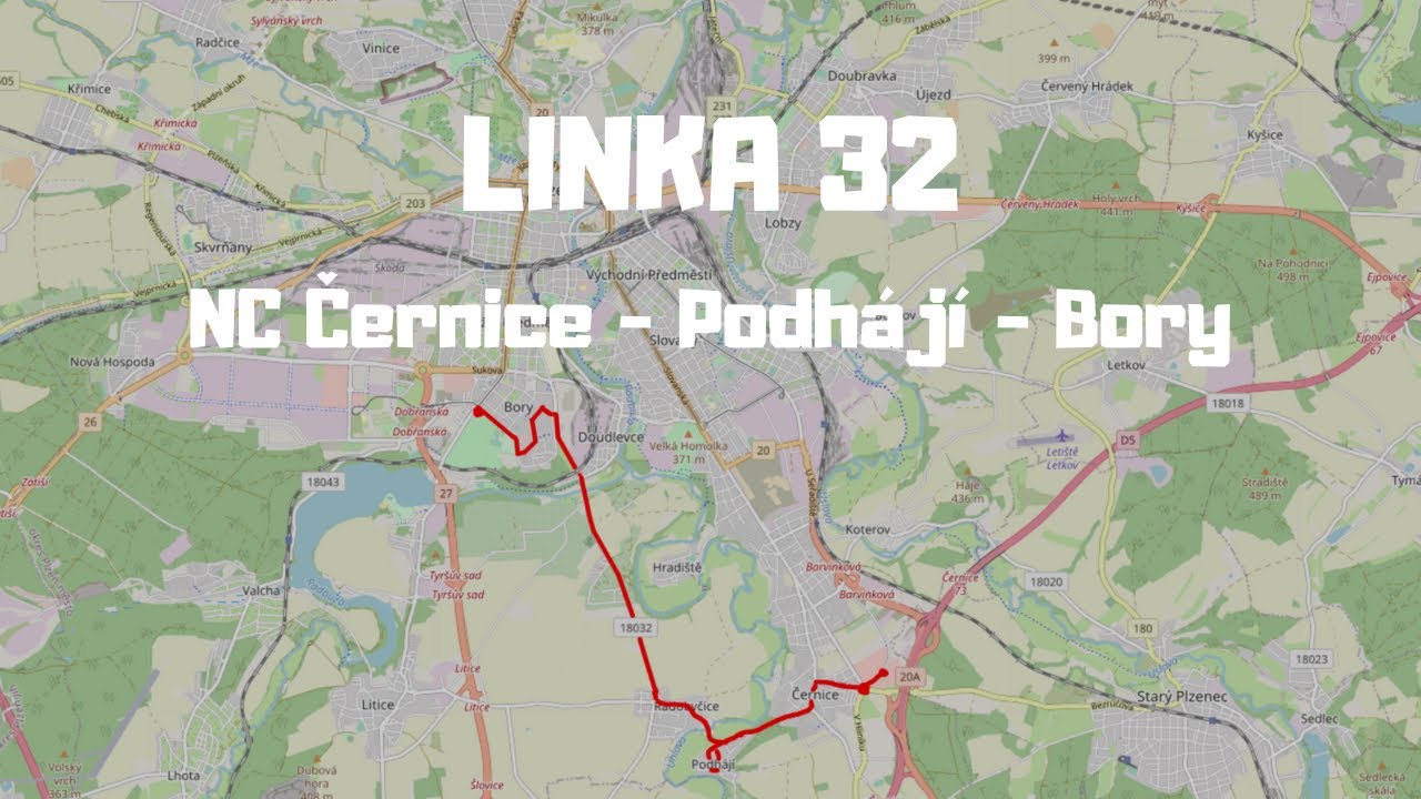 [Plzeň] Linka 32 | NC Černice - Bory | pohled zepředu | cel&aacute; linka