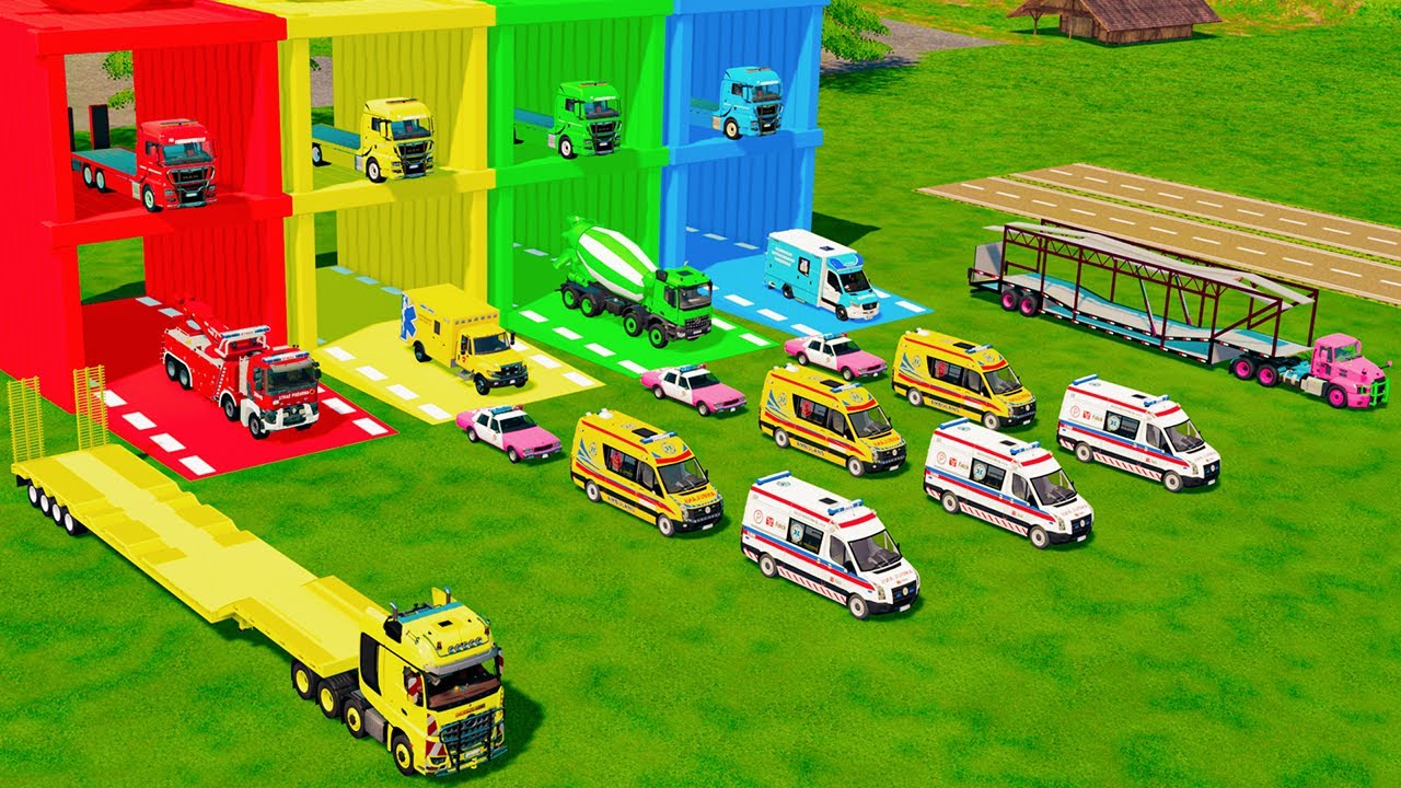 ALL EMERGENCY AND POLICE VEHICLES, CONCRETE MIXER, MILK TRUCK TRANSPORT TO GARAGE - FS22