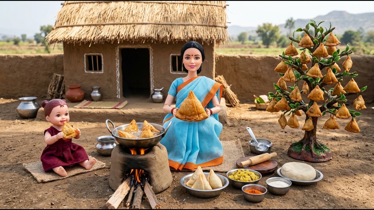 Miniature Doll Making Giant Samosa 🥟🌳 | Magical Samosa Tree | Relaxing ASMR