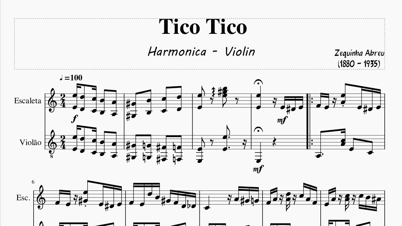 Tico-Tico no Fubá - Zequinha de Abreu - ( Harmonica - Violin Guitar) FREE Sheet Music