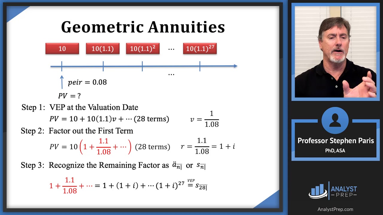 Geometric Annuities (Actuarial Exam FM – Financial Mathematics – Module 2, Section 5)