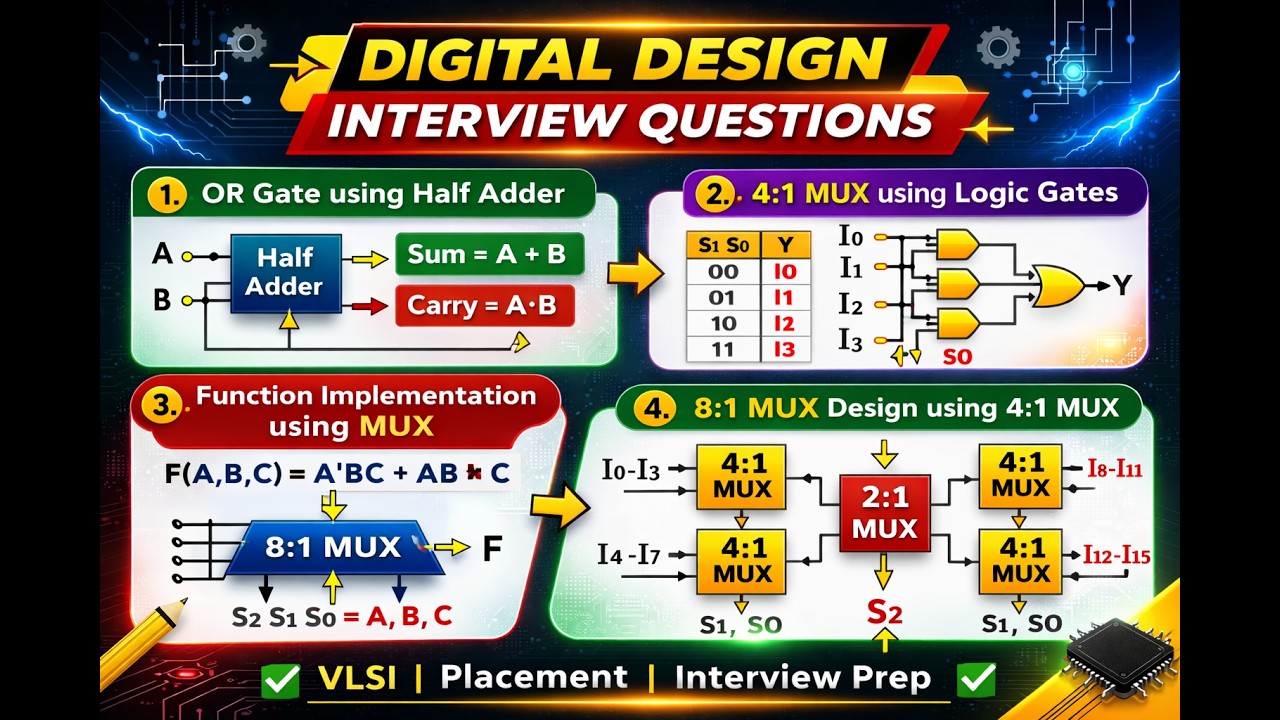 Digital Design Problems: OR Gate using Half Adder, 4:1 MUX Design & Function Implementation