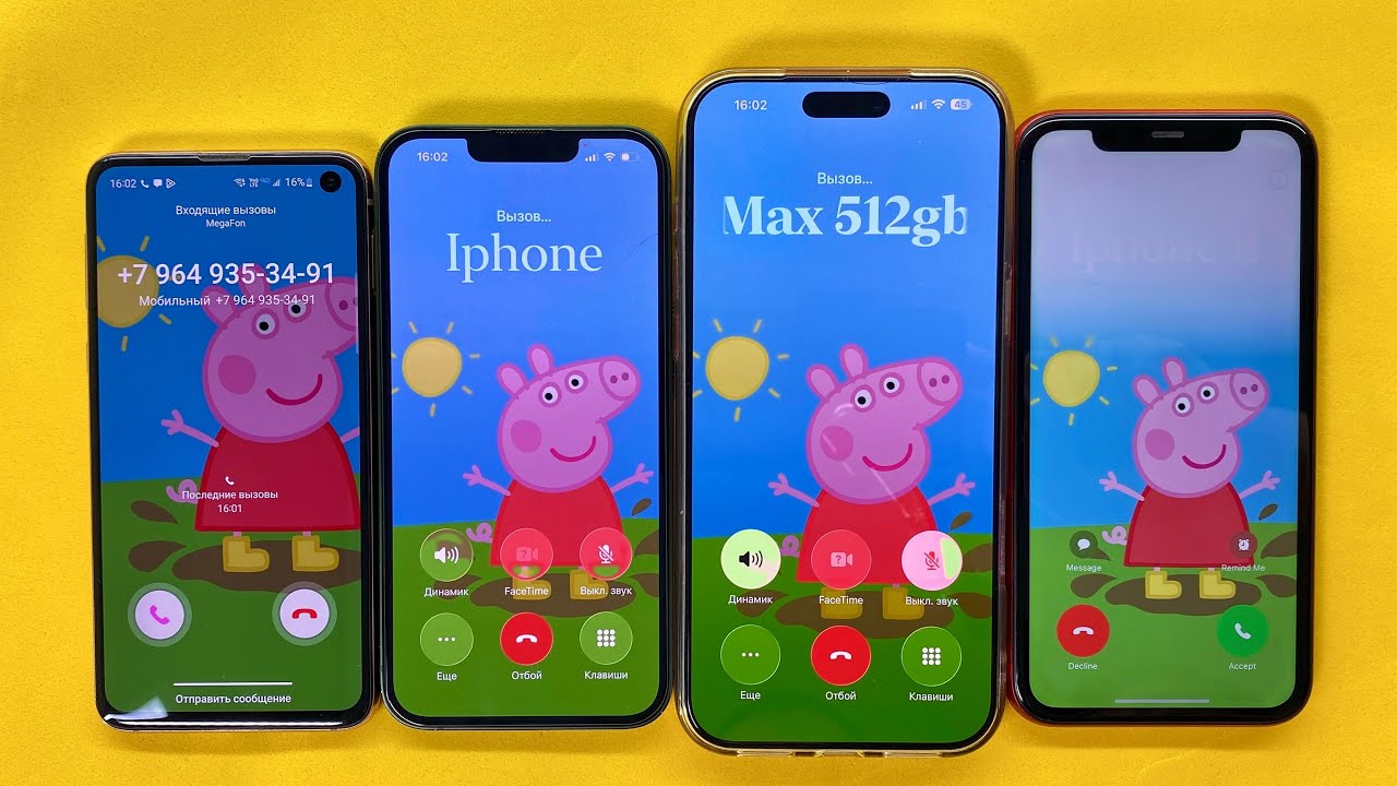 Four Pig incoming Calls iPhone 11,13,17 vs Samsung S10E, Outgoing Call