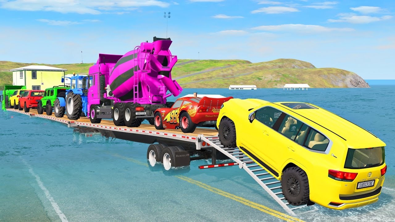 Triple Flatbed Trailer McQueen Transportation with Truck - Speedbumps vs Cars vs Train - BeamNG #38