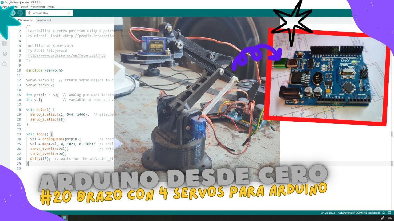 ⚡ Curso de Arduino Cap_20 brazo robot EEZYbotARM de 4 servos SG90 para el control con joystick
