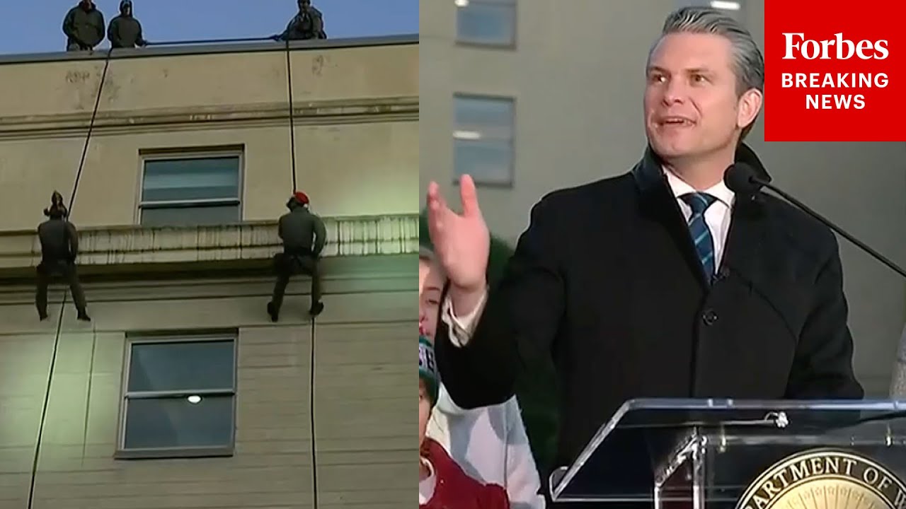 Hegseth Leads Pentagon Christmas Tree Lighting—Complete With 'Santa' Rappelling Down Pentagon Wall