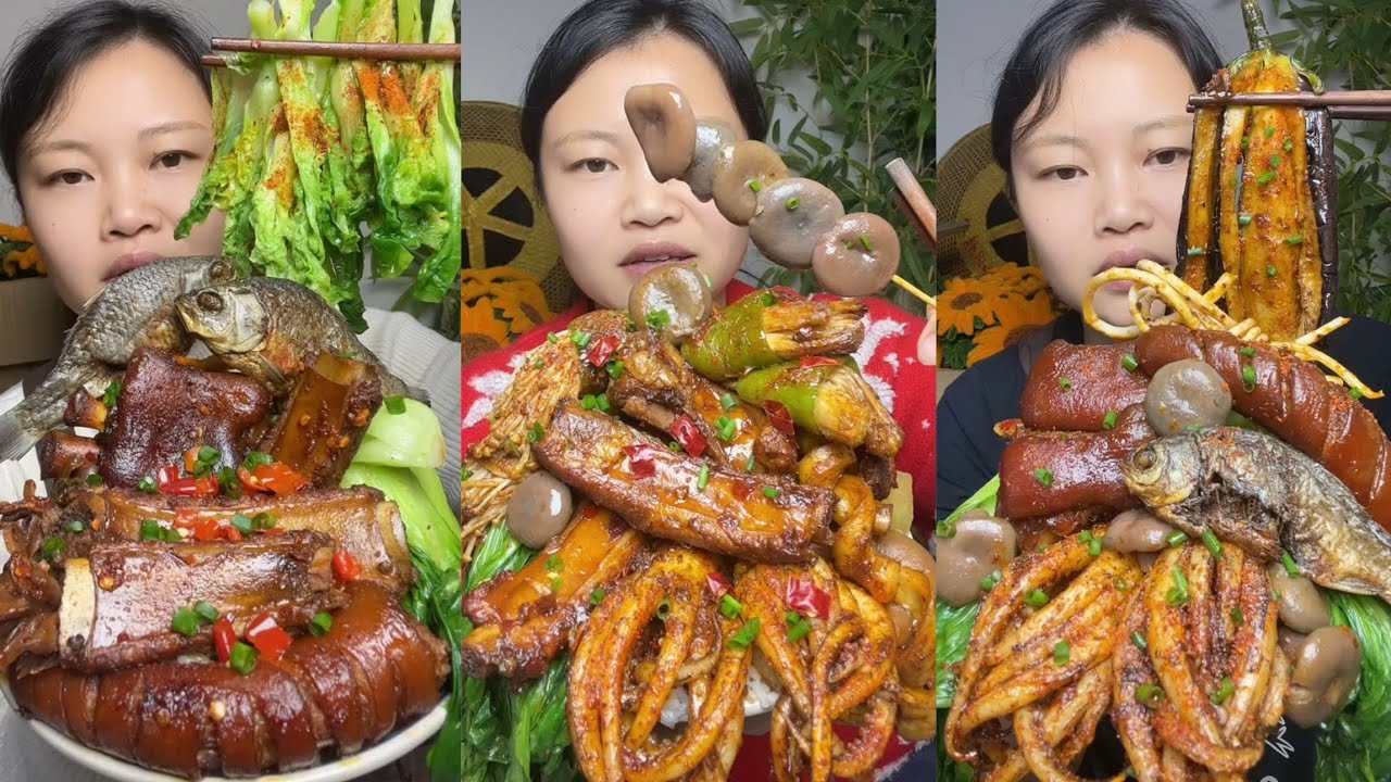 Yummy #05:Eat braised pork belly boil fried squid 🦑 rib belly #mukbang #yummy #delicious 