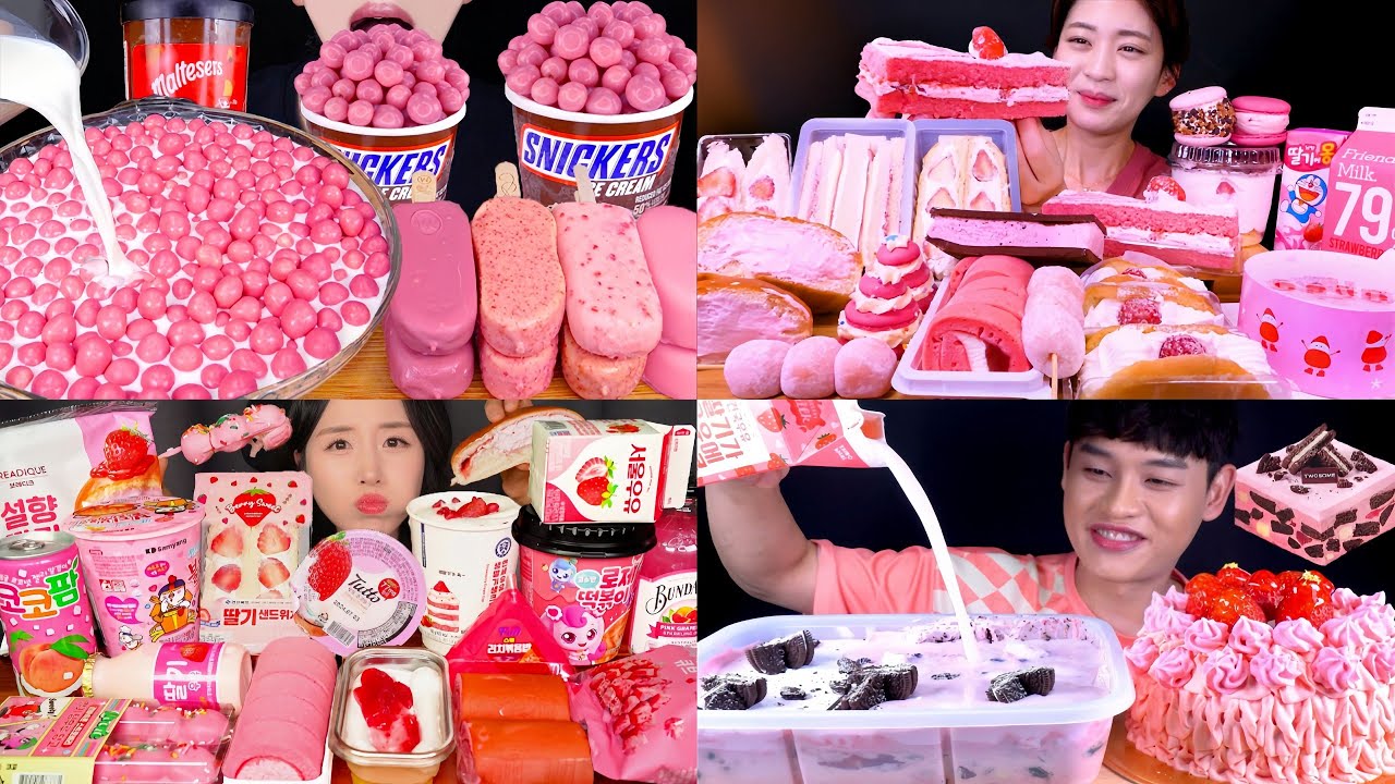 ASMR EATING PINK CHOCOLATE ICE CREAM MUKBANG KOREAN CONVINCE PINK FOOD EATING SHOW EATING VIDEOS 