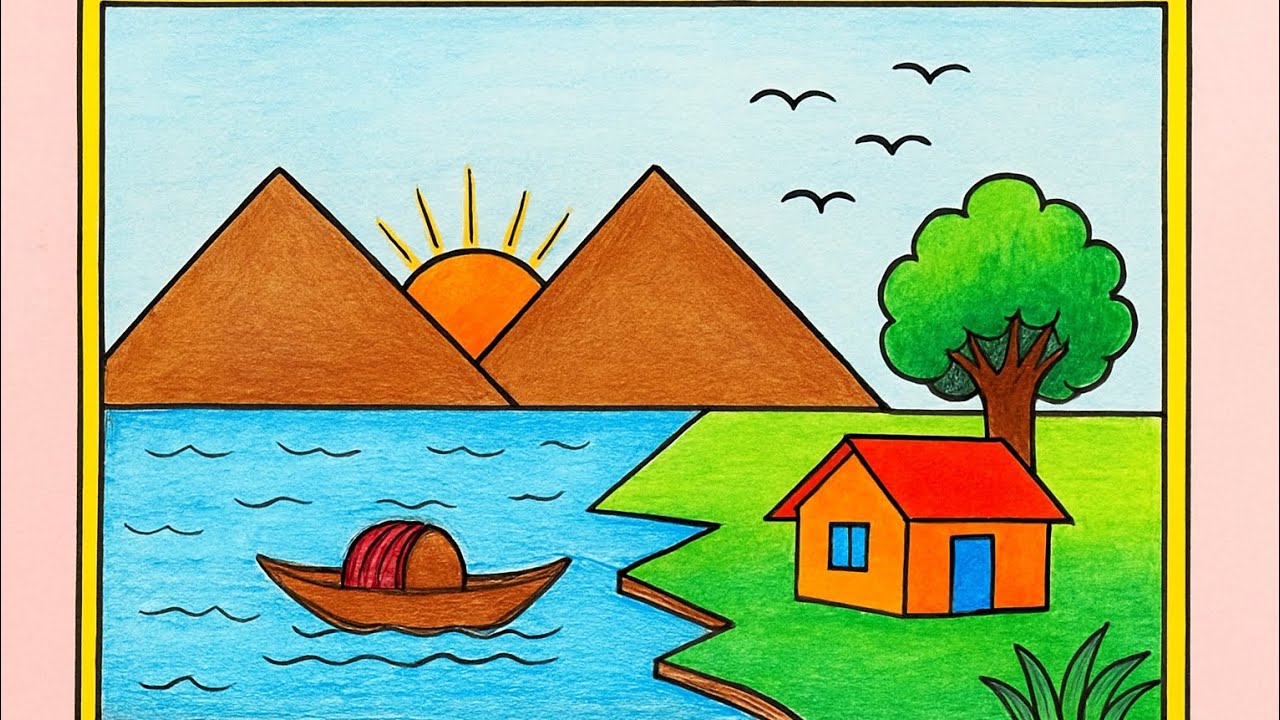 প্রাকৃতিক দৃশ্য আঁকা | How to draw village scenery. Natural drawing oil pastel easy. Easy drawing.