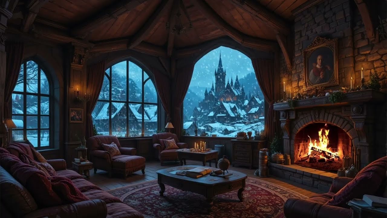 Heavy Snow & Howling Wind Outside a Cozy Medieval Cabin 🔥 8 Hours of Fireplace & Wind Ambience