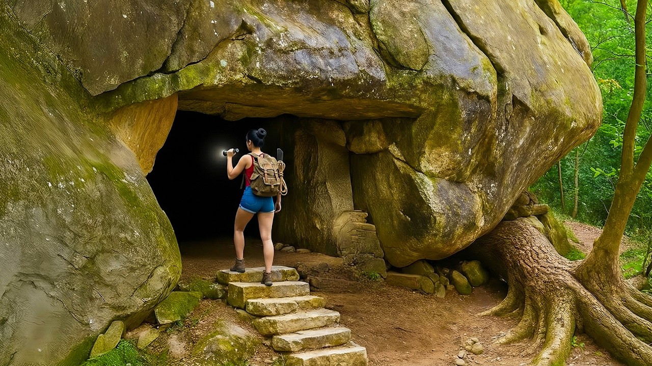Survival Shelter Under a Giant Rock | Bushcraft Cooking Delicious Grilled Meat