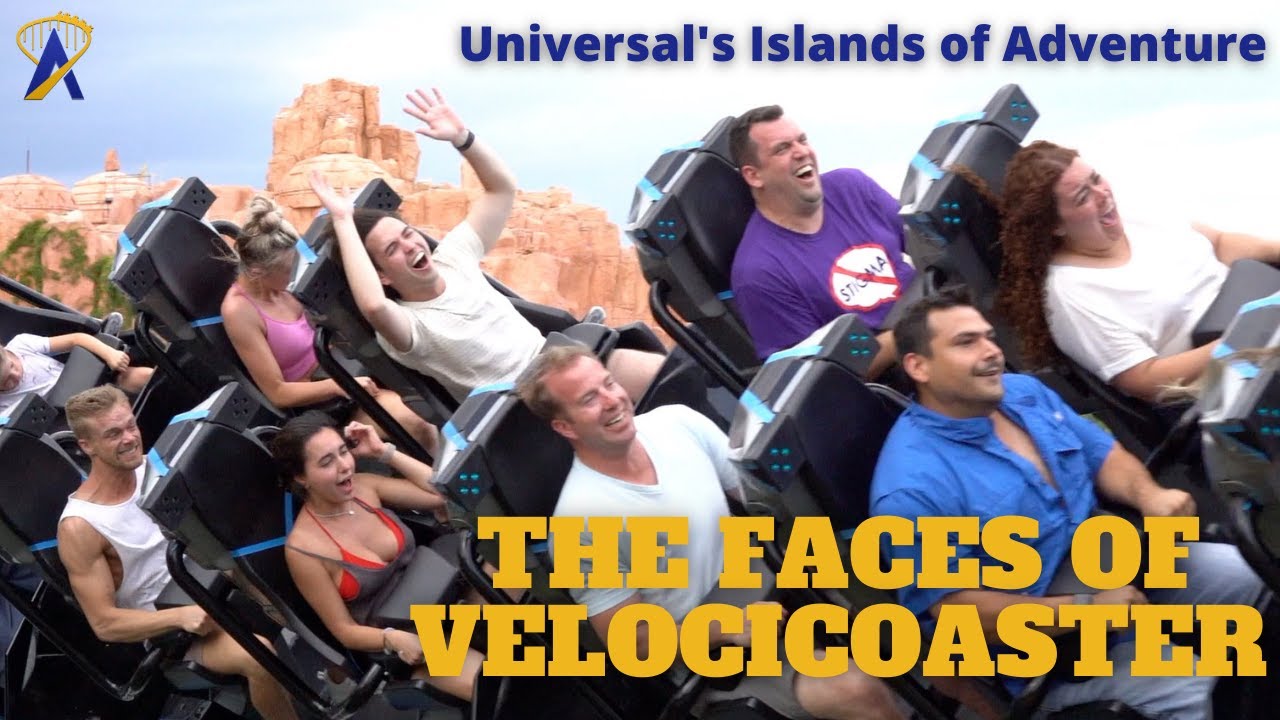 Happy, Funny, Fearful Faces in Slow Motion on Jurassic World VelociCoaster, Universal Orlando