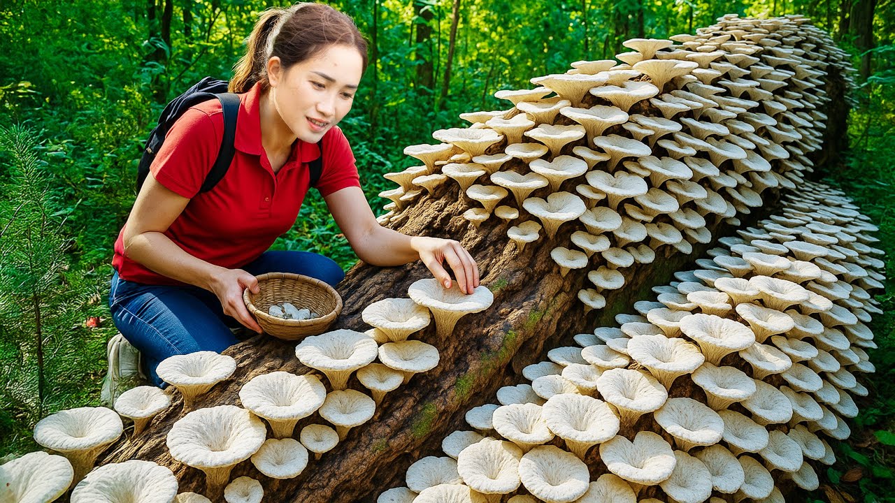 Best Mushroom Harvest of the Year Climbing the Mountain to Pick Young Giant Flower Mushrooms 20kg