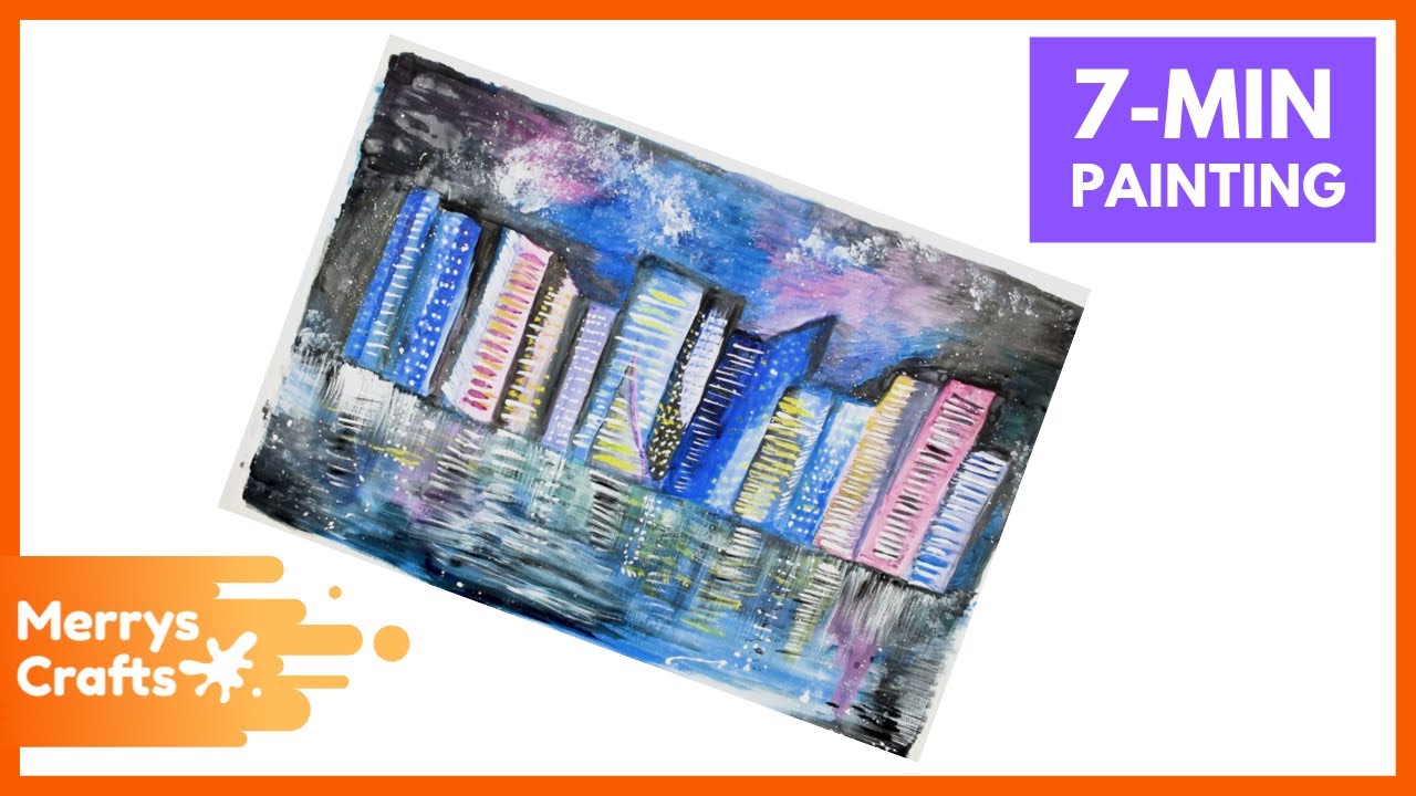 Skylines Building At Night Watercolor Painting | DIY Painting Crafts