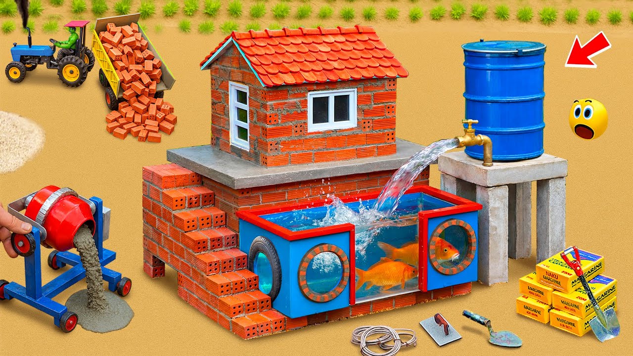 DIY Mini Tractor Builds a Strong 2-Floor Brick House with Aquarium | Construction Science Project