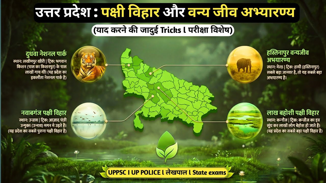 UP GK Tricks: Bird & Wildlife Sanctuaries (पक्षी विहार) । रट लो 1 ट्रिक में | UP Police, lekhpal #up