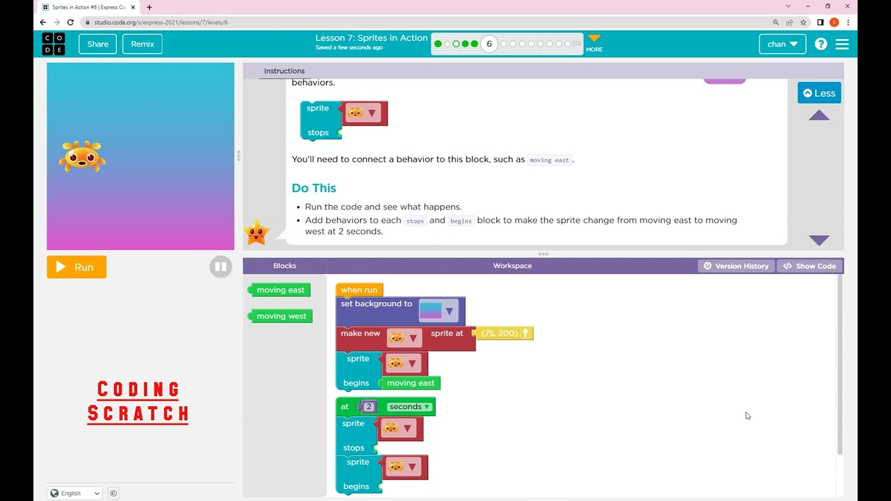 Code org Lesson 7 Sprites in Action || Express Course 2022