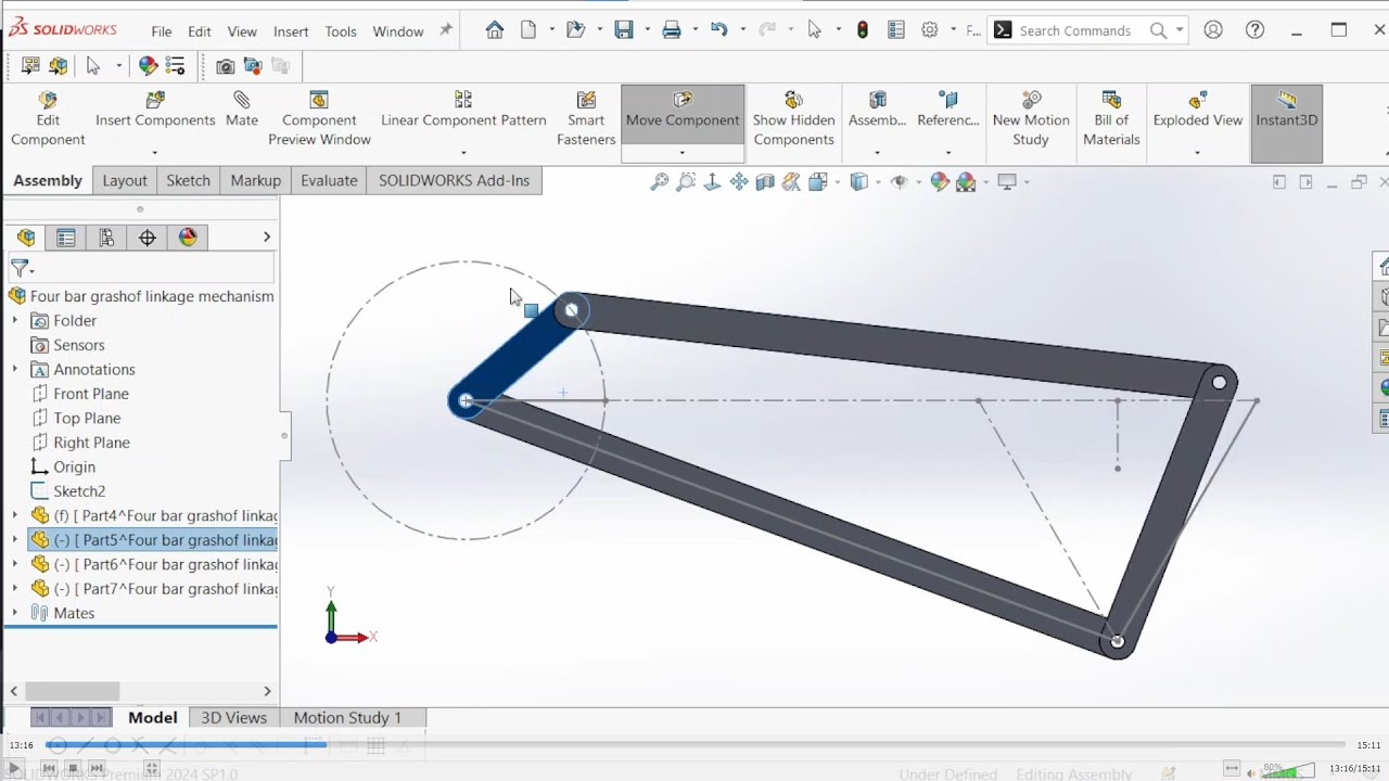 Four-Bar Linkage Motion: Grashof Condition Visualized in Solidworks