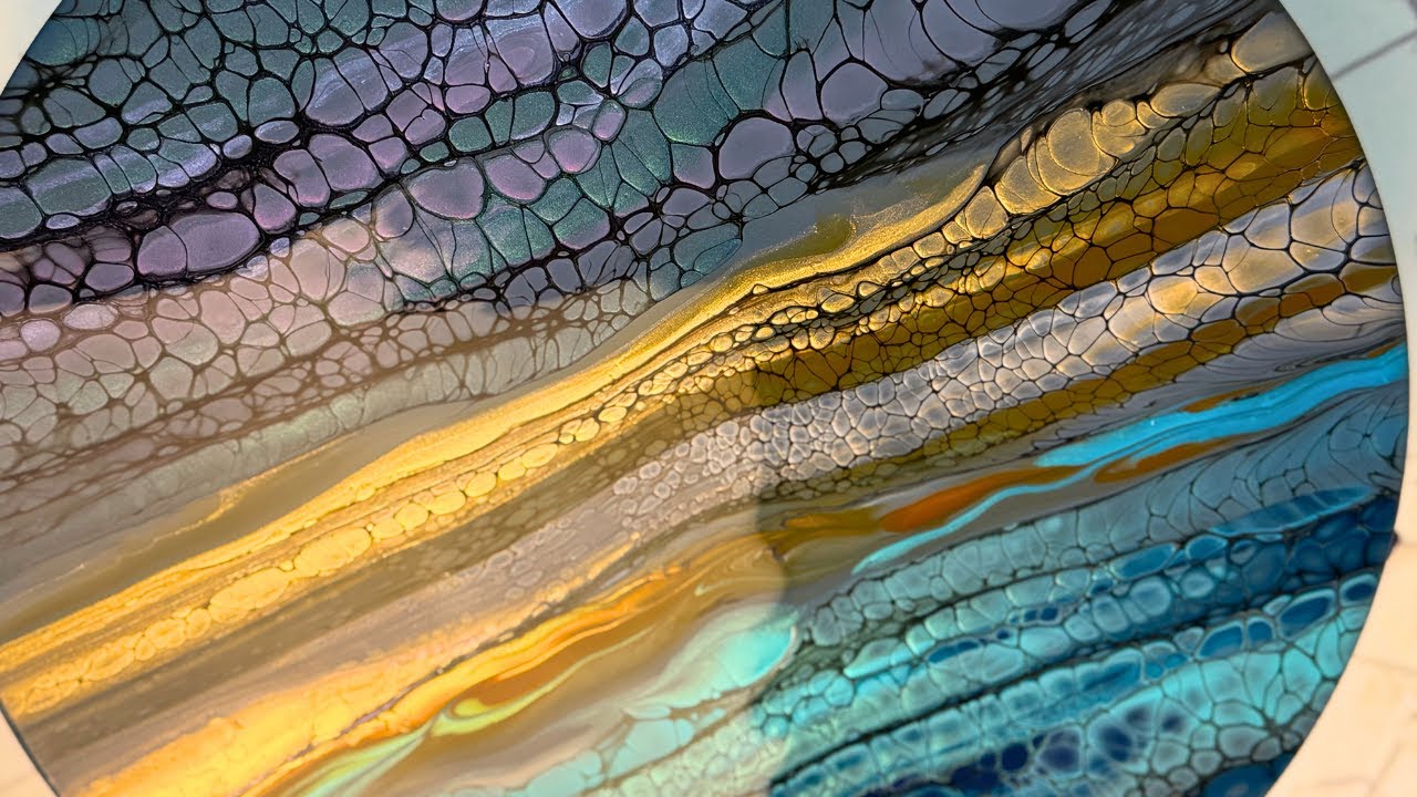 Golden Horizon | Fluid Art Bloom Pour on Vinyl Record with Shimmering Gold & Teal Cells