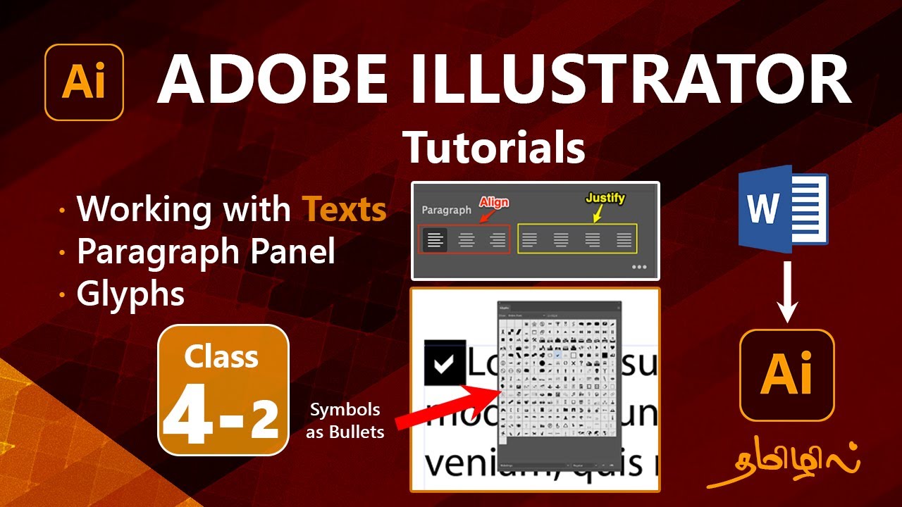 Adobe illustrator Beginner class 4 | Part 2 Working with Texts | Paragraph panel | Glyphs
