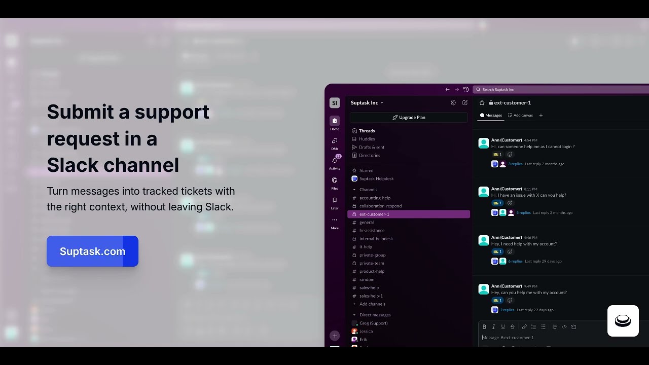 How to submit a support request in a Slack channel