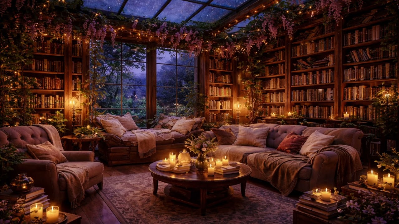 4K Library Study under the Stars. Cozy and Serene. For Reading, Studying, and Homework.