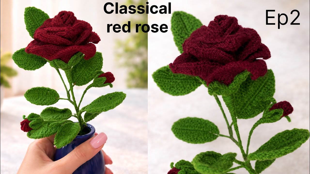 How to make crochet classical Red Rose #🌹Ep 2 #leaves branch 