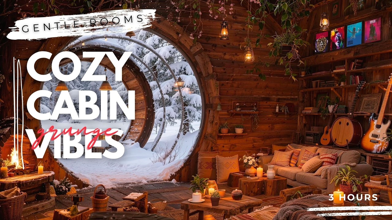 Cozy Winter Cabin Ambience | Grunge Aesthetic Room | Fireplace & Candles 3 Hours | Relaxing Jazz