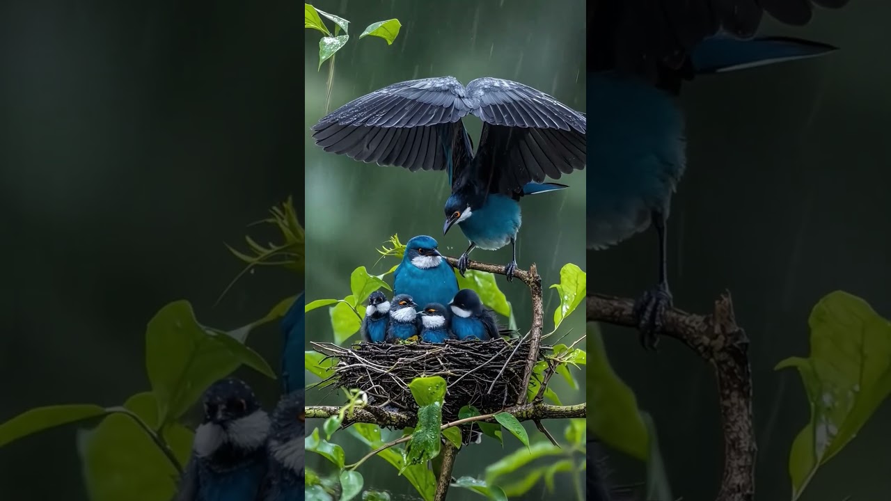 The scene of a father bird protecting his family. #birds  #birdsoftheworld