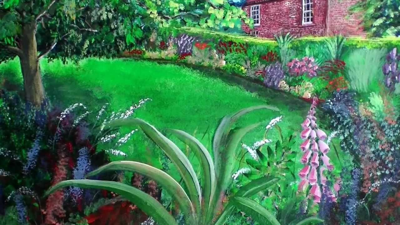 The Garden Cottage - colourful acrylic painting of Peckover House cottage garden by Steve Buchanan