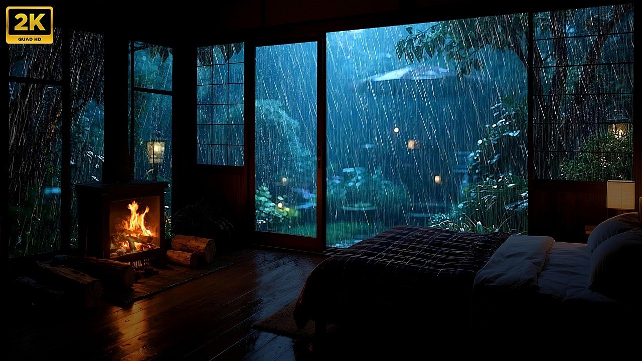 🔥Heavy Rain Sounds on Cabin Windows | Cozy Fireplace | No Music