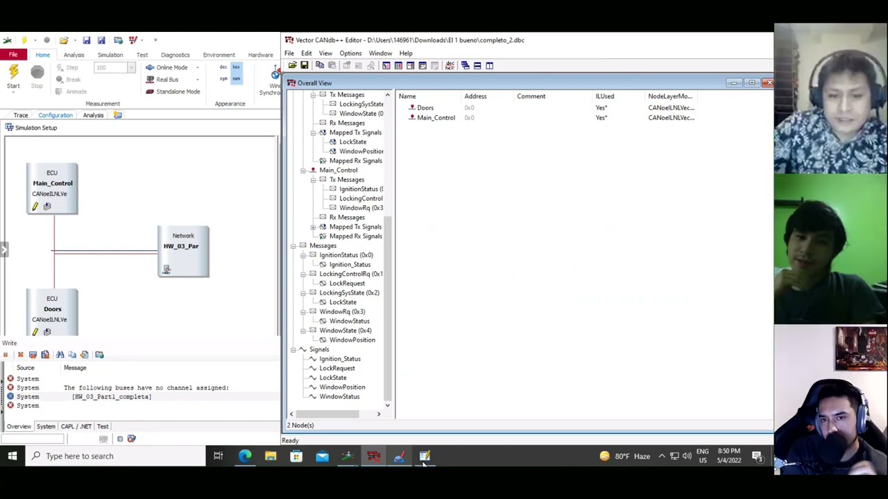 Part 1: Simulation of two ECU Nodes (Main Control and Doors) in CANoe