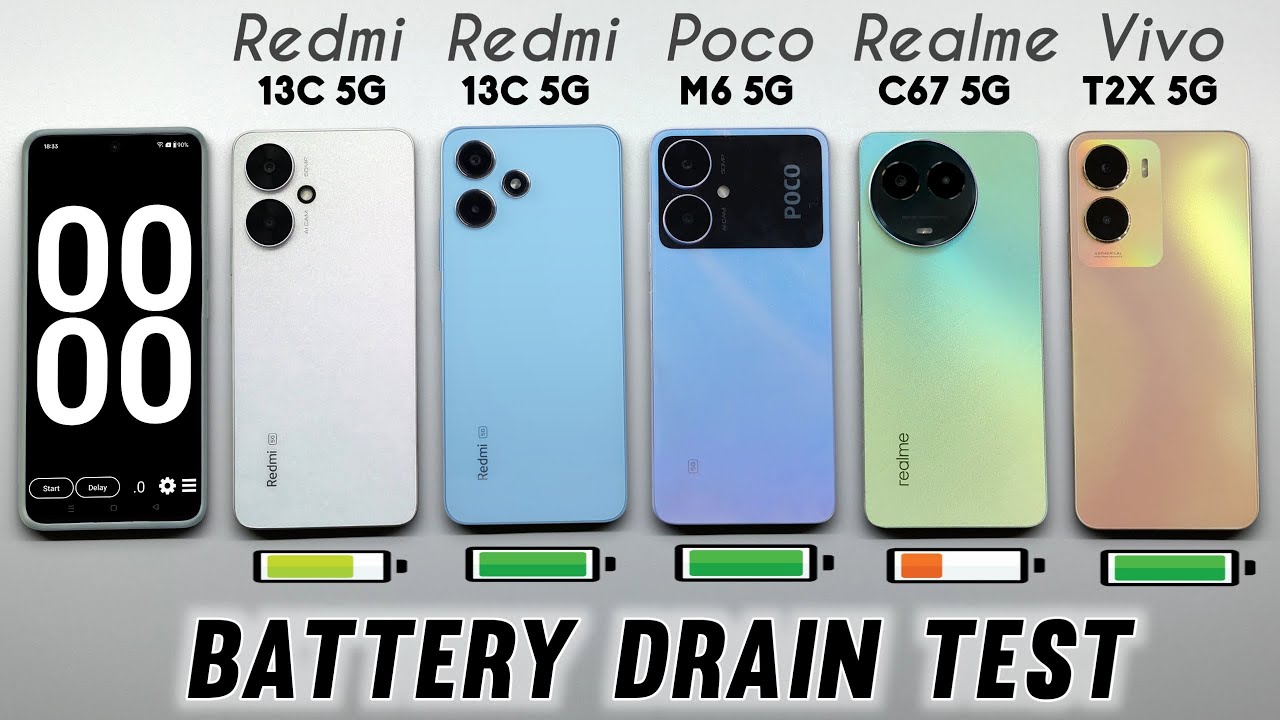 Redmi 13C 5G vs Redmi 12 5G vs Poco M6 5G vs Realme C67 5G vs Vivo T2X 5G Battery Drain Test!
