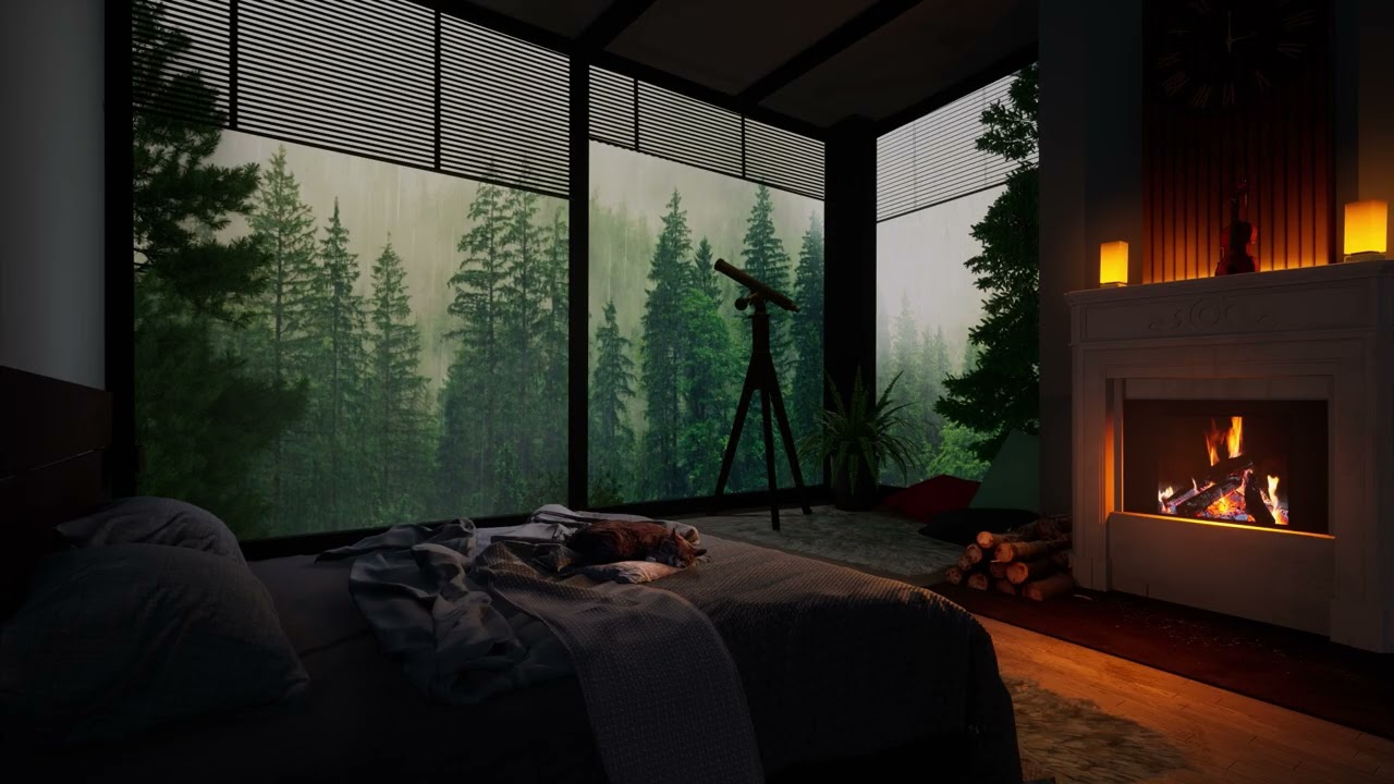 cozy fireplace and rain outside ASMR, Cozy Room
