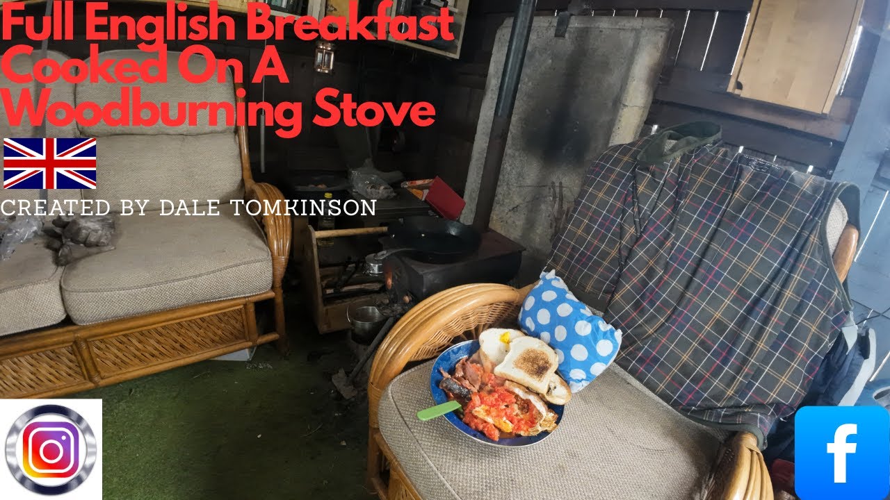 Full english breakfast cooked on a woodburning stove