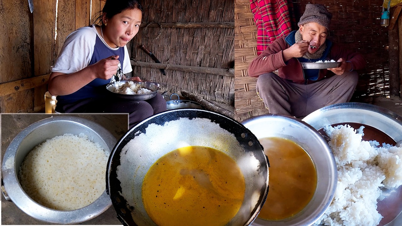 manjita cooks soybean curry rice for husband somuhang and for herself LUNCH || Himalayan cooking