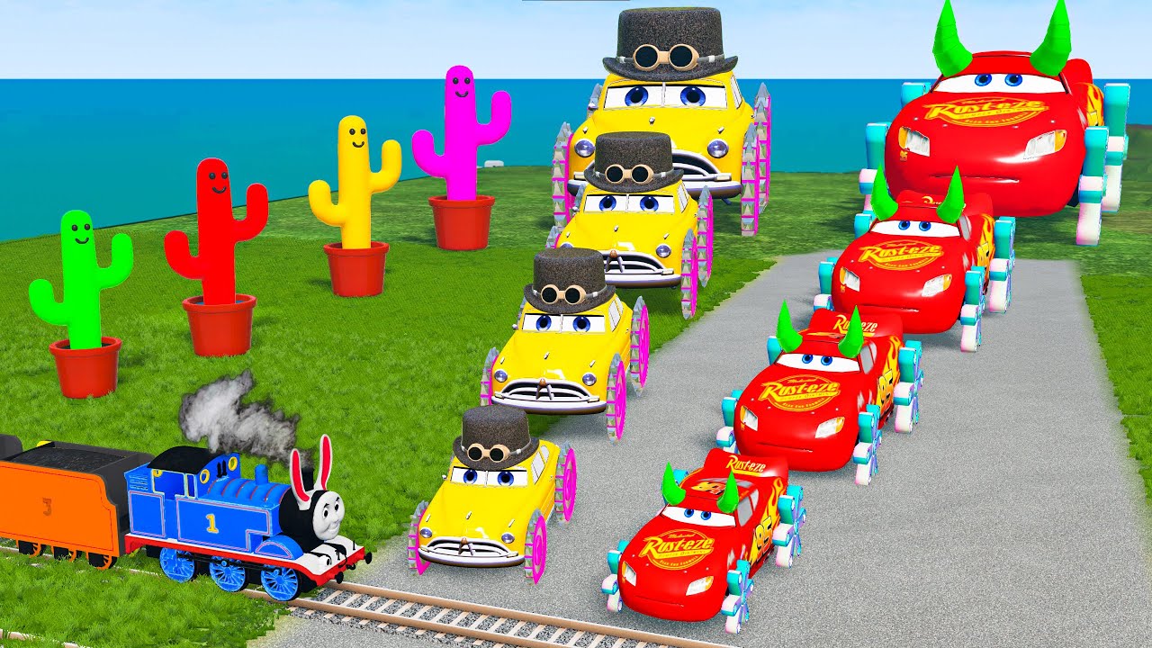 Big & Small Lightning McQueen with Spinner Wheels vs Thomas Trains - BeamNG.drive