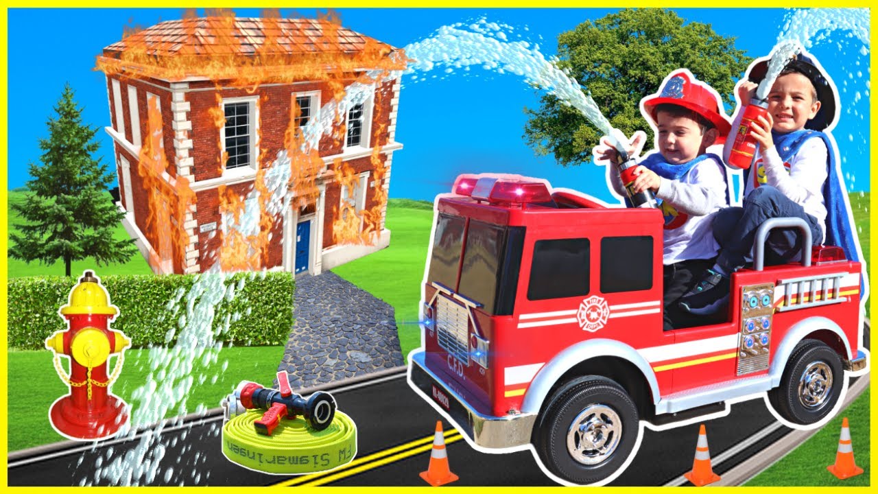 Firefighter rescue with power wheels fire truck and fireman training with kids firehouse fire engine