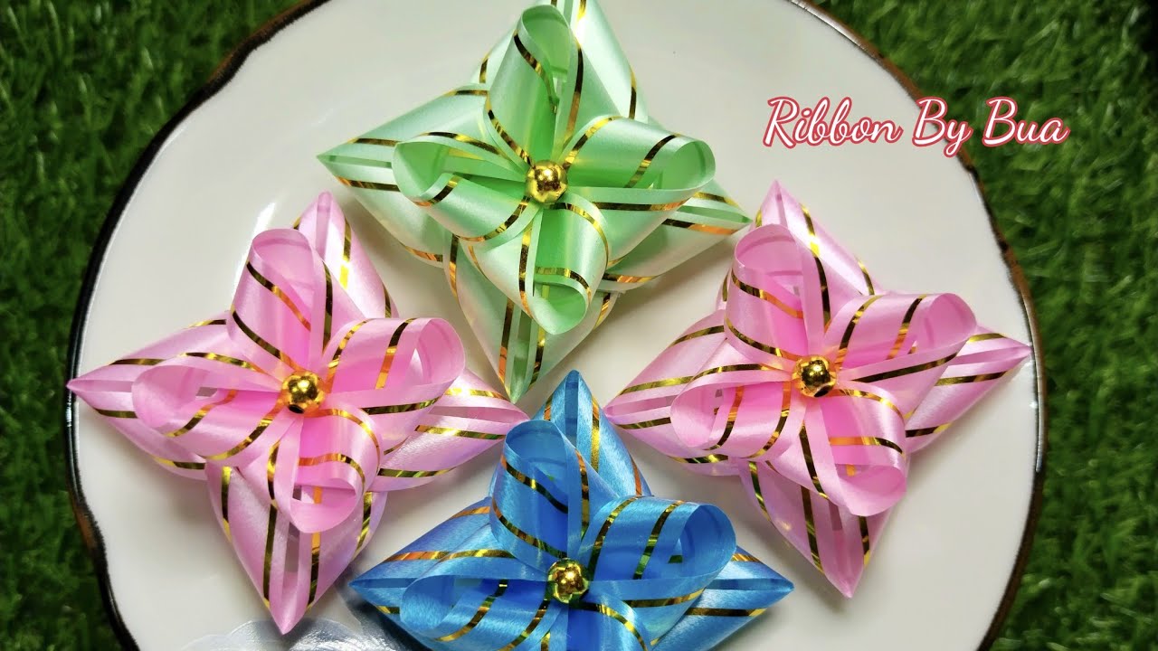 วิธีพับเหรียญโปรยทาน ดอกไม้ แบบง่ายริบบิ้นขอบทอง/Ep.470/Ribbon By Bua