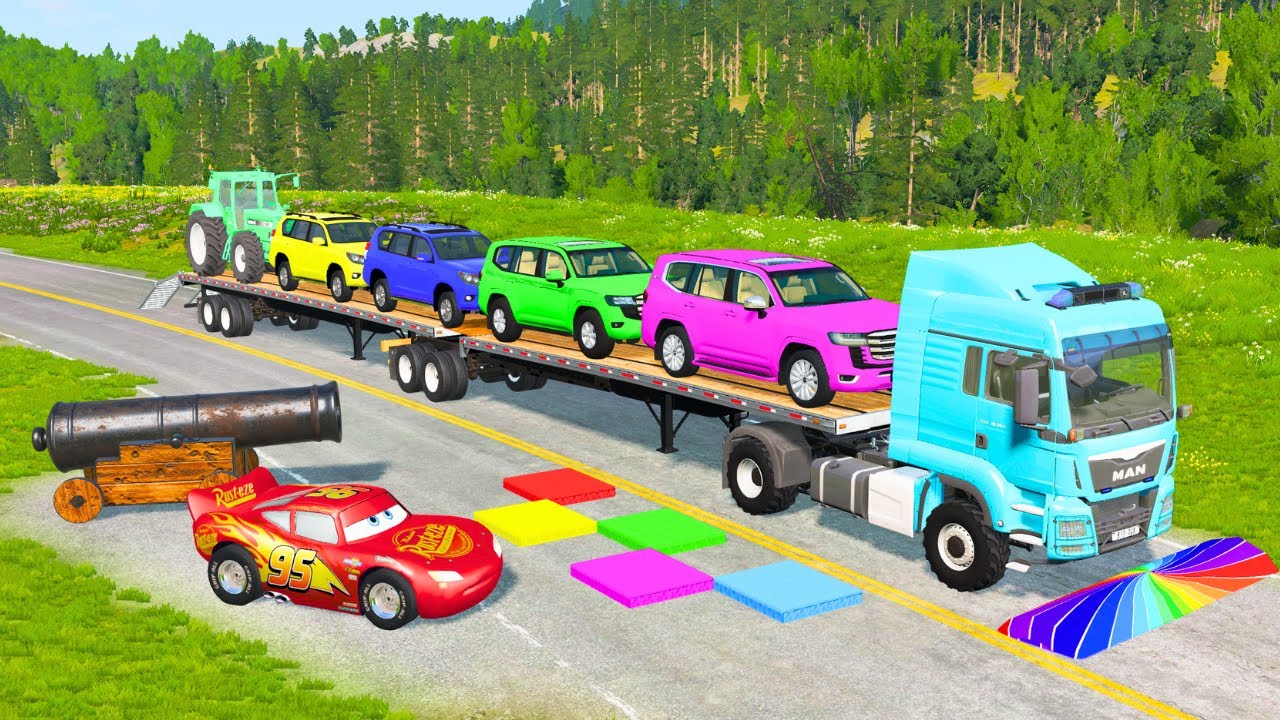 Flatbed Truck McQueen | Transportation with Truck - Pothole vs Car #26 | BeamNG.Drive Gameplay