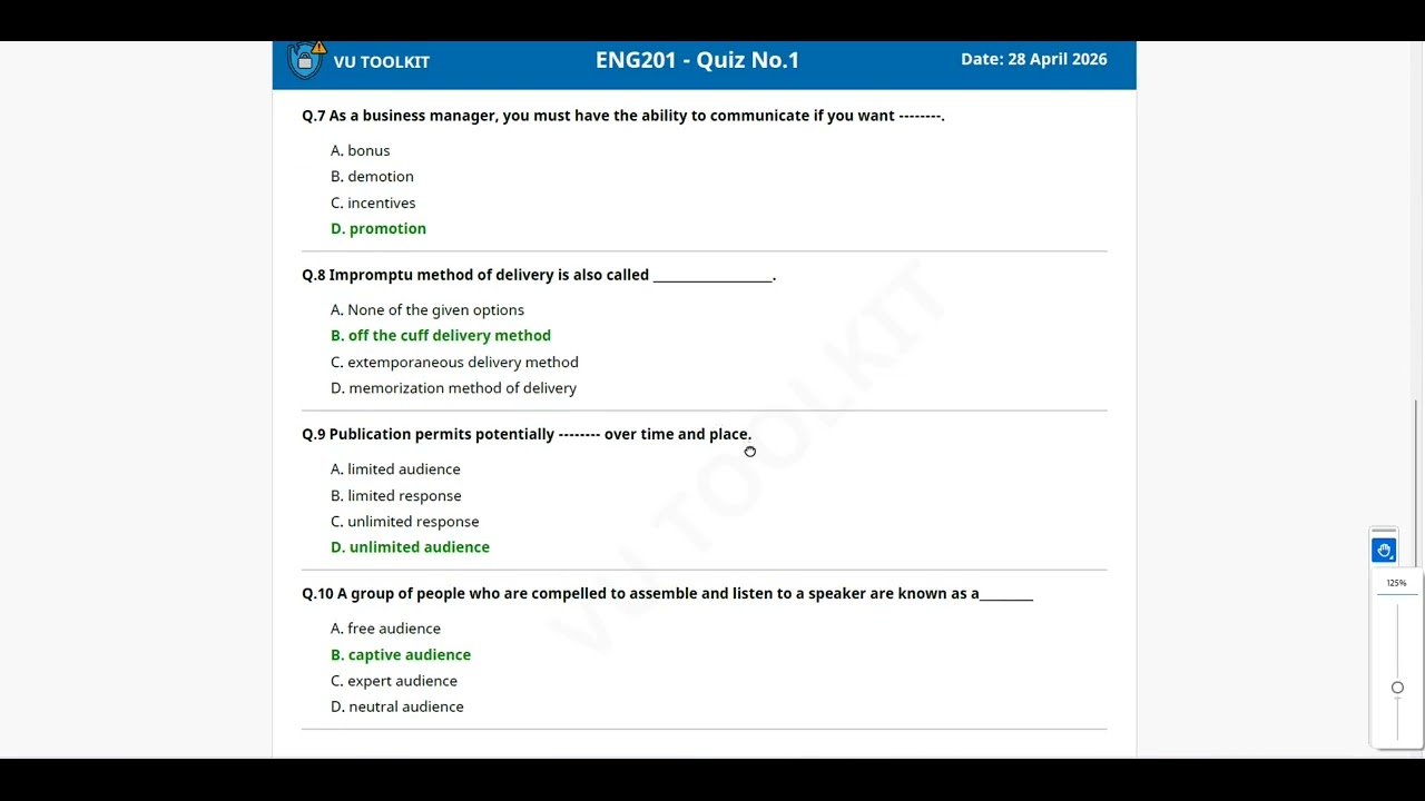 Virtual University VU ENG201 Solution Quiz No 1 Solved | Virtual University