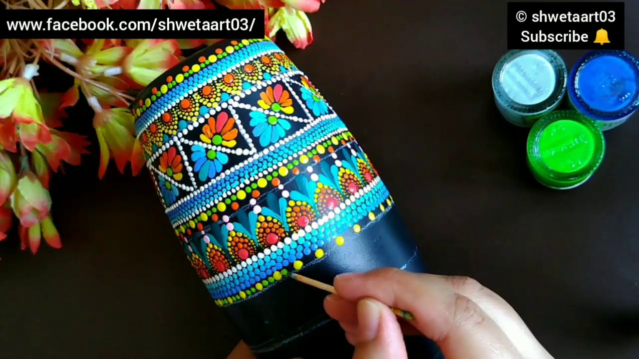 Dot art on bottle using toothpick and acrylic paint by shwetaart03
