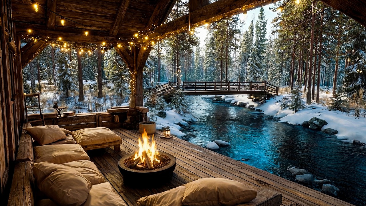 Cozy Winter Cabin by the Riverside - Soothing Campfire Sounds & Natural Ambience for Relaxation