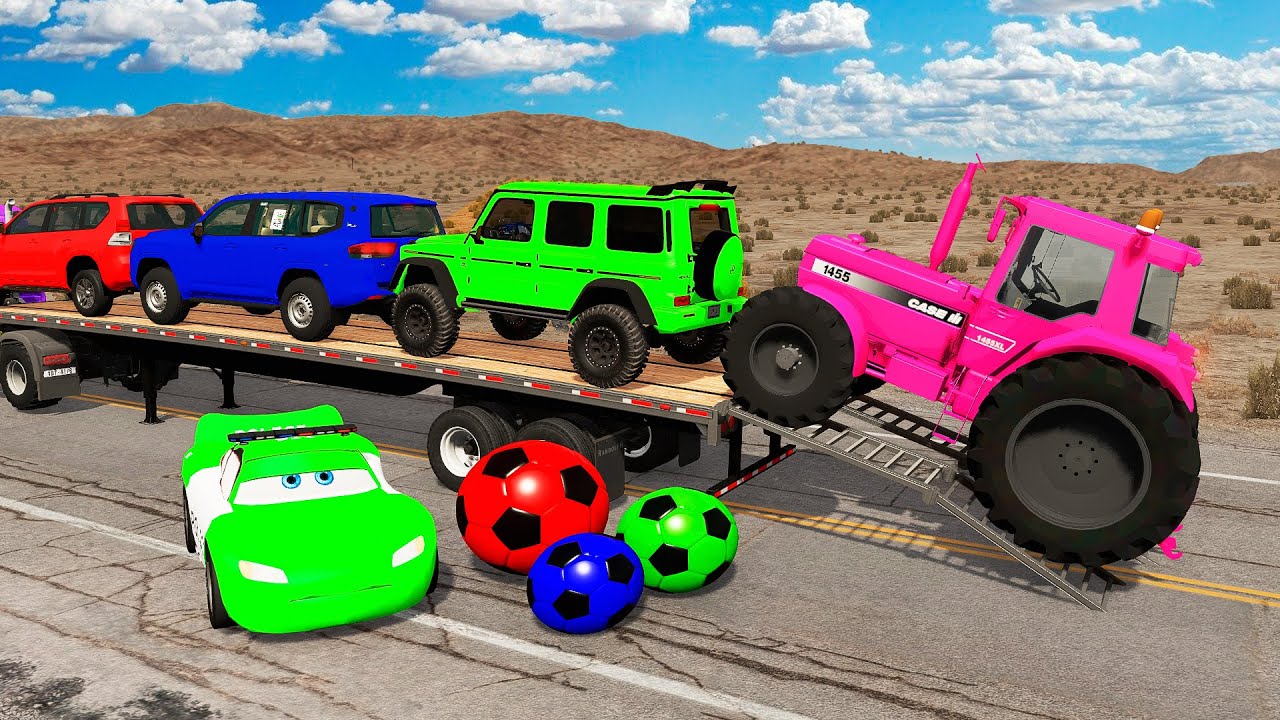 Triple Flatbed Trailer McQueen Transportation with Truck - Speedbumps vs Cars vs Train - BeamNG #50