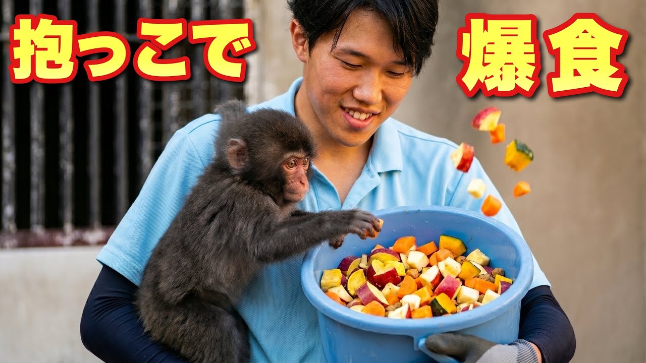 【パンチくん🐵】飼育員さん抱っこでごはんが標準スタイル！パンチ君だけの特別な時間♡