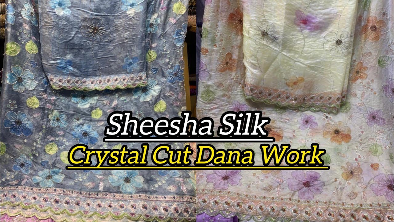 Printed Sheesha Silk Crystal Cut Dana Work Multi Flower 3 piece suits..