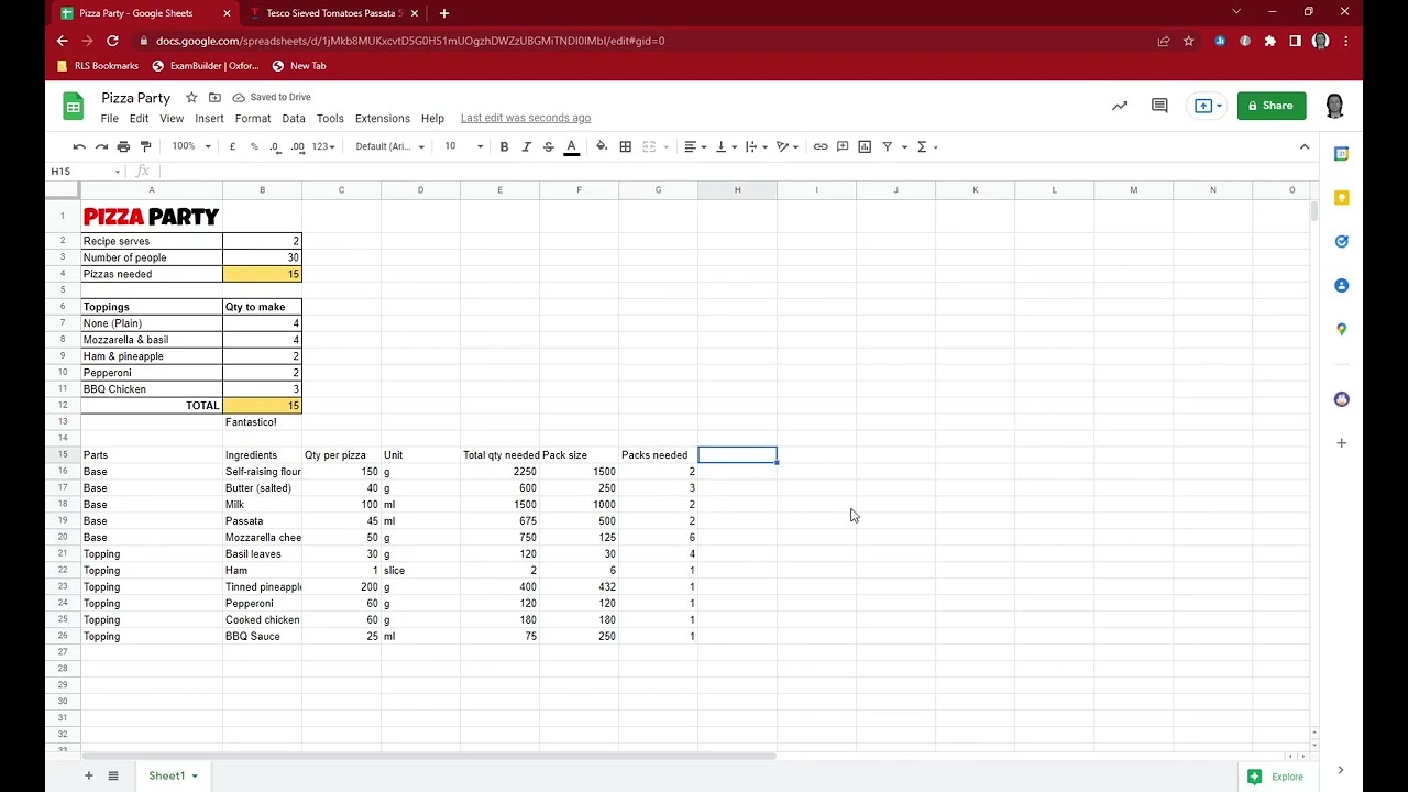 Planning a pizza party using a spreadsheet part 3